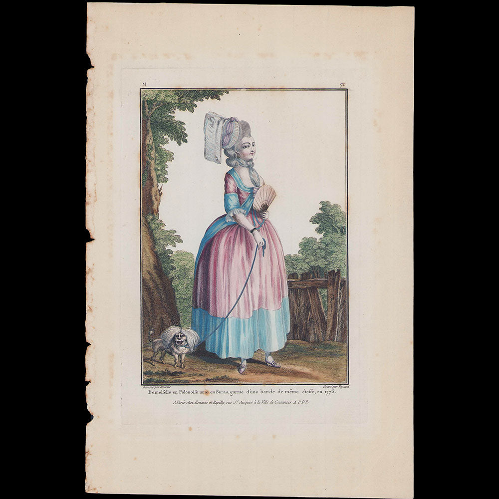Gallerie des Modes et Costumes Français, 1778-1787, gravure n° M 71, Demoiselle en Polonaise (1778)
