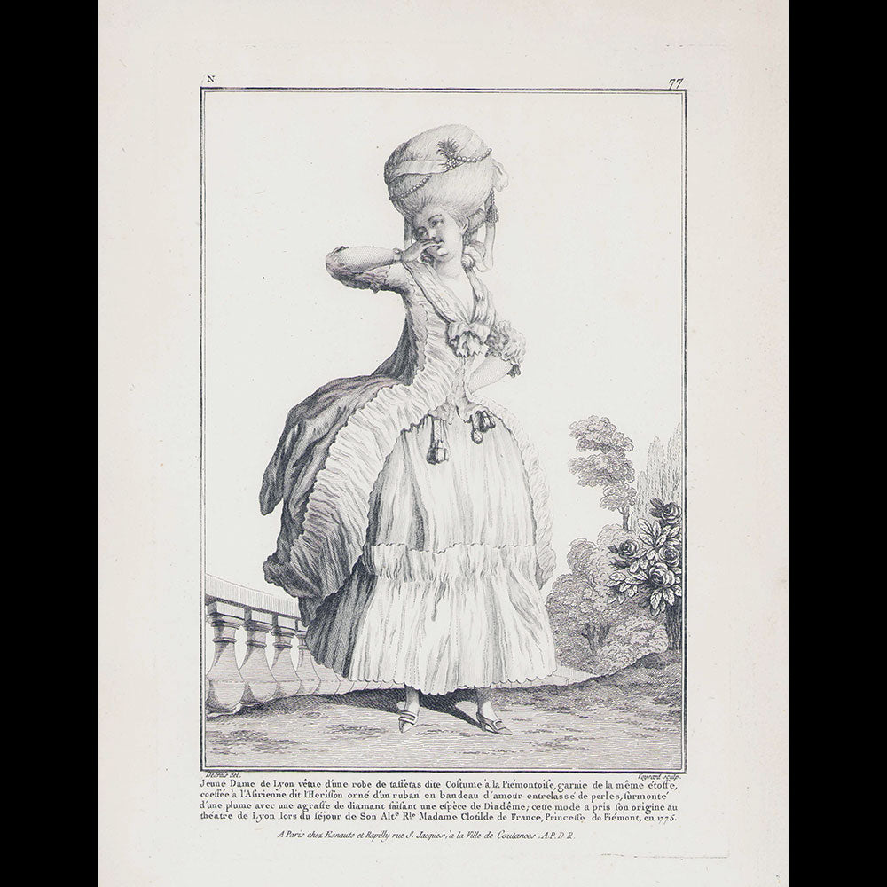 Gallerie des Modes et Costumes Français, 1778-1787, gravure n° N 77, Jeune Dame de Lyon (1778)