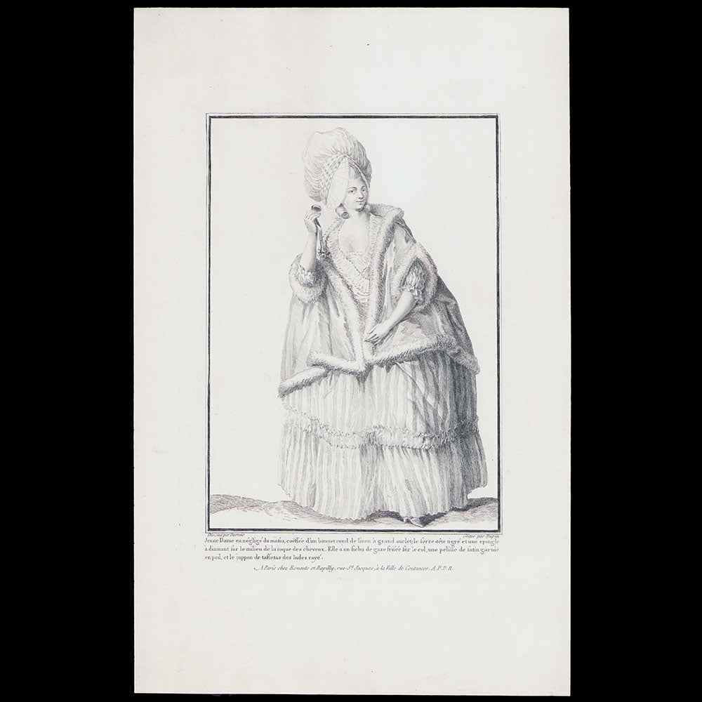 Gallerie des Modes et Costumes Français, 1778-1787, gravure n° R 98, Jeune Dame en négligé du matin (1779)