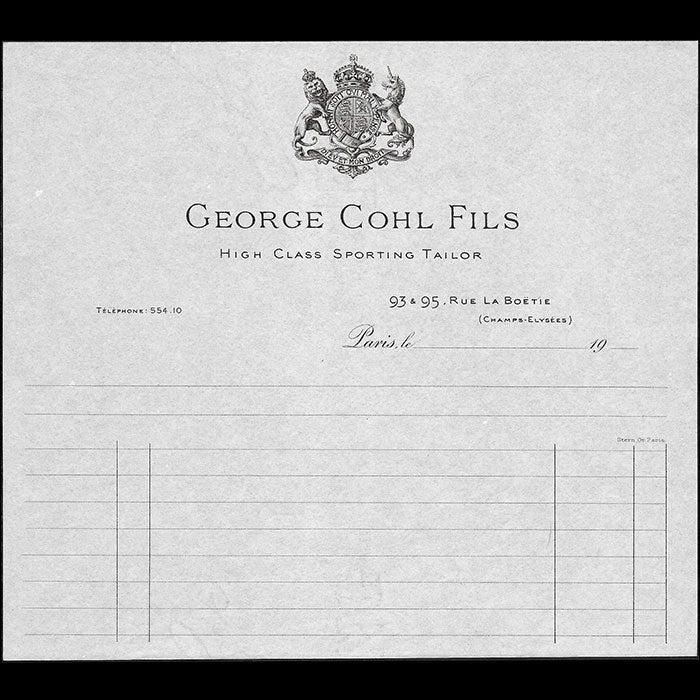 George Cohl Fils - Facture du tailleur, 93-95 rue de la Boétie à Paris (circa 1900)