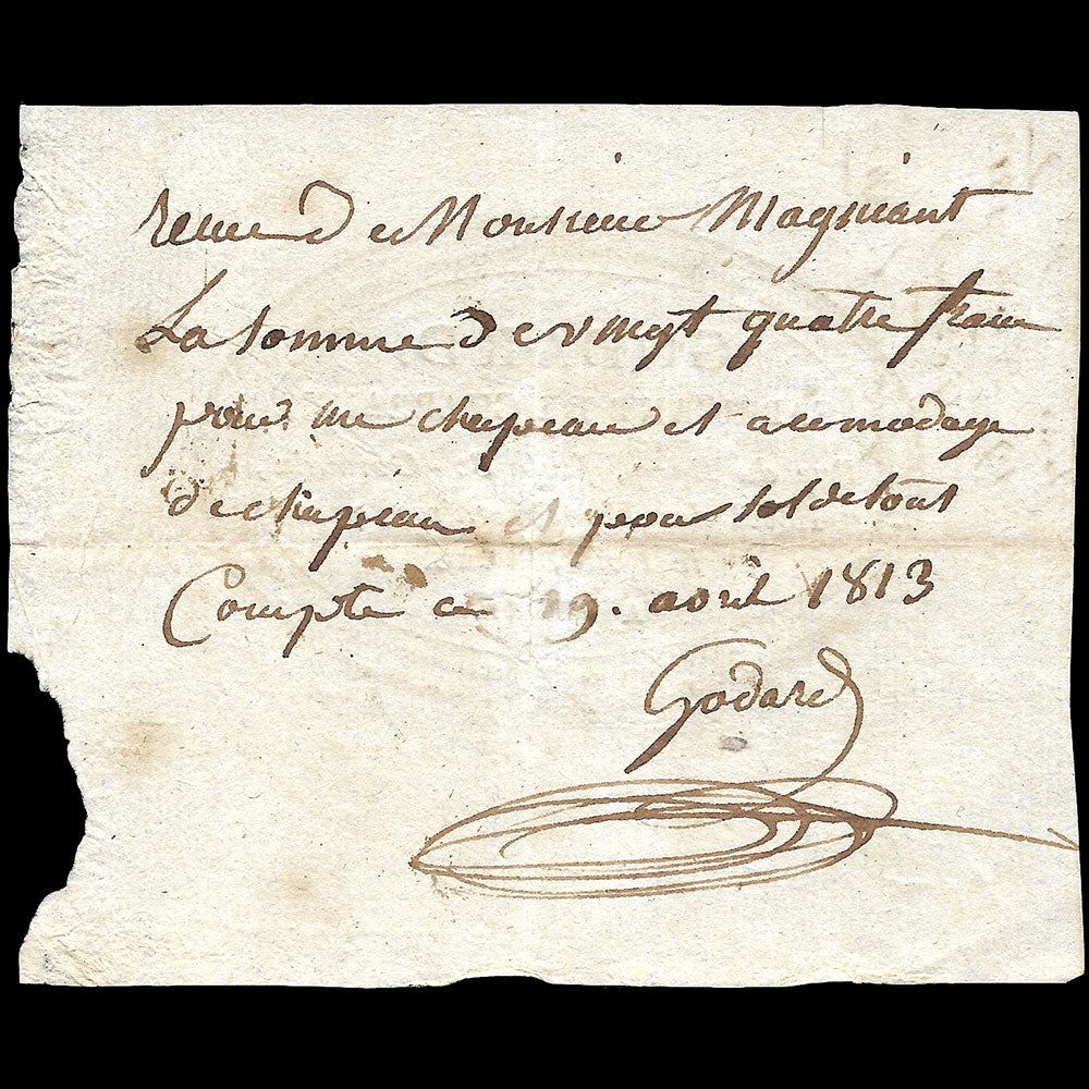Godard - Reçu du fabricant de chapeaux, 6 rue du Bacq à Paris (1813)