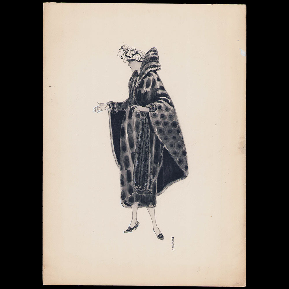Fourrures Max - Manteau de fourrure, dessin de Huguette Haendel (circa 1920)