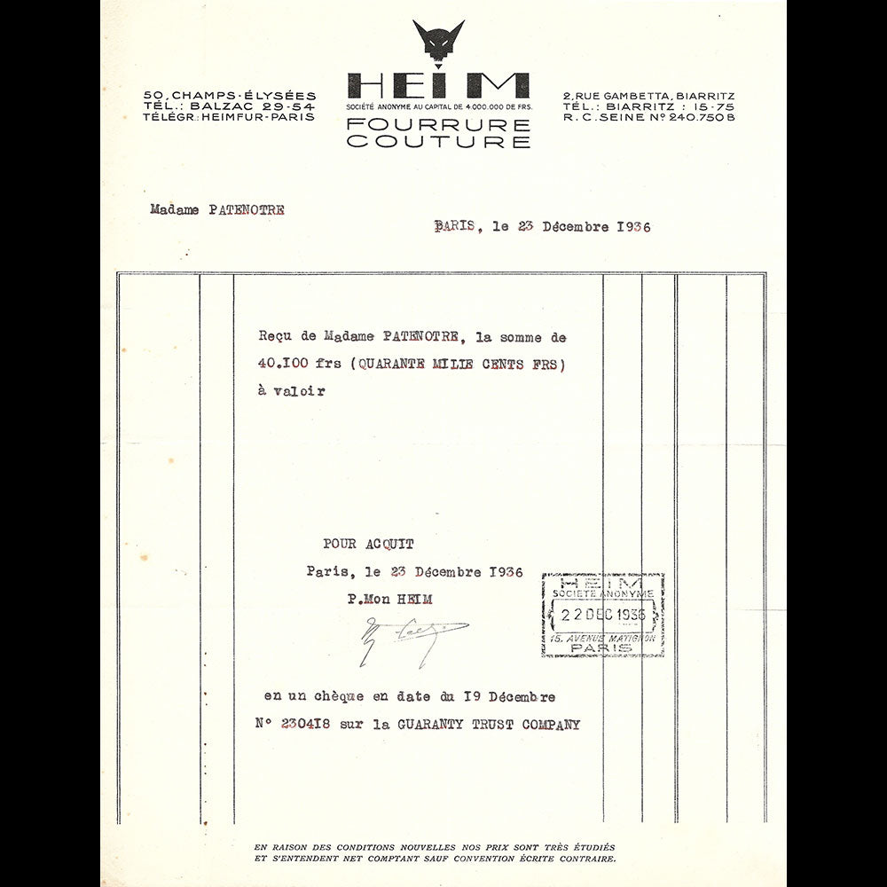 Heim - Facture de la maison de la maison de couture, 50 avenue des Champs-Elysées, Paris (1936)