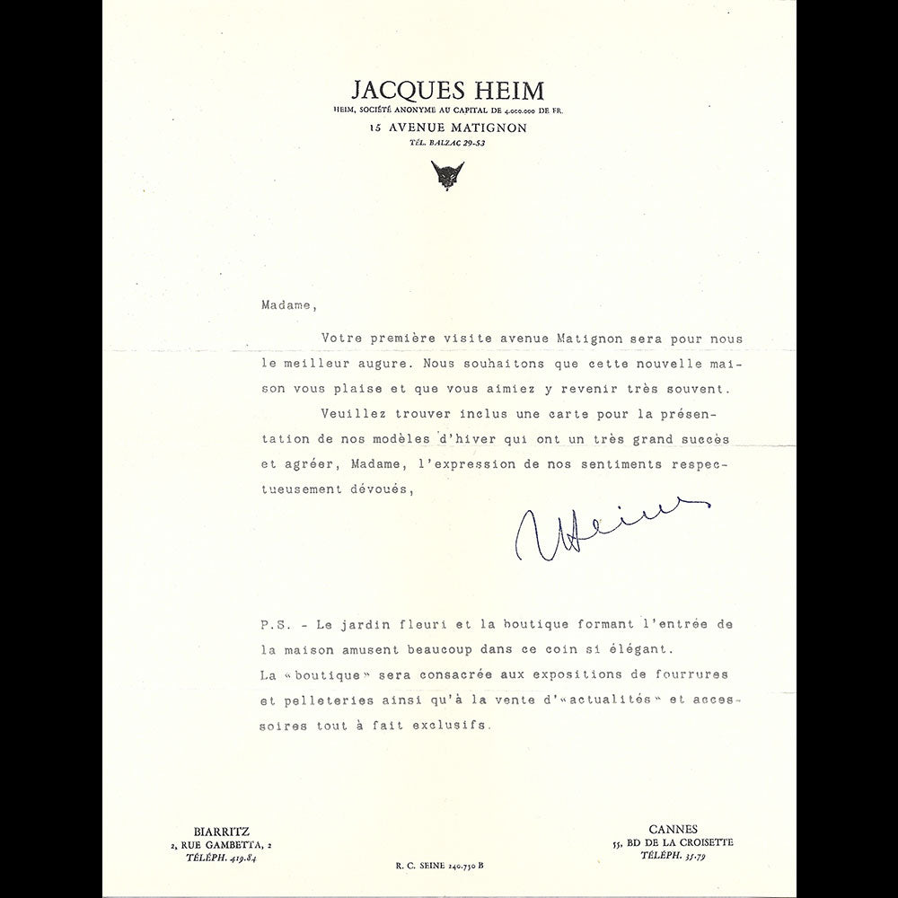 Heim - Lettre de la maison de la maison de couture, 15 avenue Matignon, Paris (1950s)