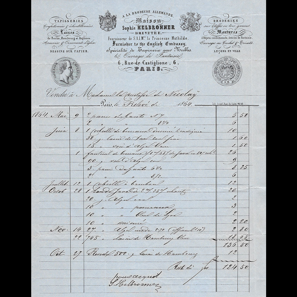 Sophie Helbronner - Facture de la maison de broderie et tapisserie, 6 rue Castiglione à Paris (1864)