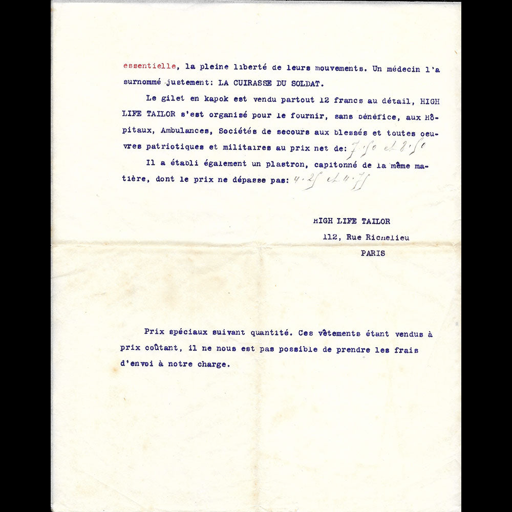 High Life Tailor - Lettre annonçant la création d'un gilet pour soldat La Cuirasse du Soldat (1914)