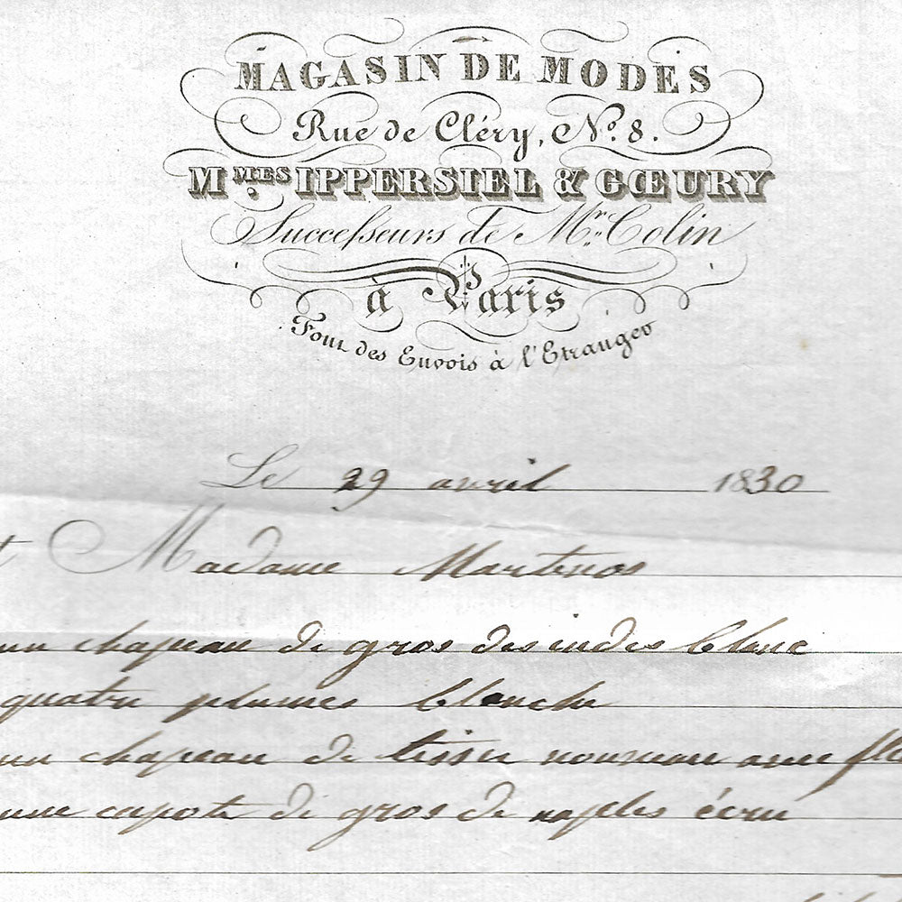 Ippersiel et Goeury - Facture de la maison de modes, rue de Clery à Paris (1830)