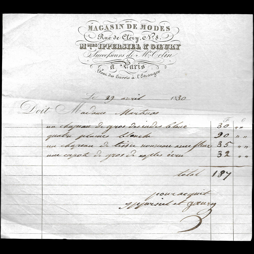 Ippersiel et Goeury - Facture de la maison de modes, rue de Clery à Paris (1830)