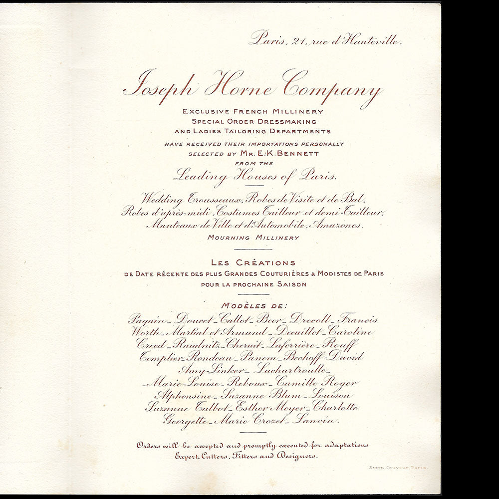 Joseph Horne Company - Invitation annonçant la sélection de modèles de Paris (1908)
