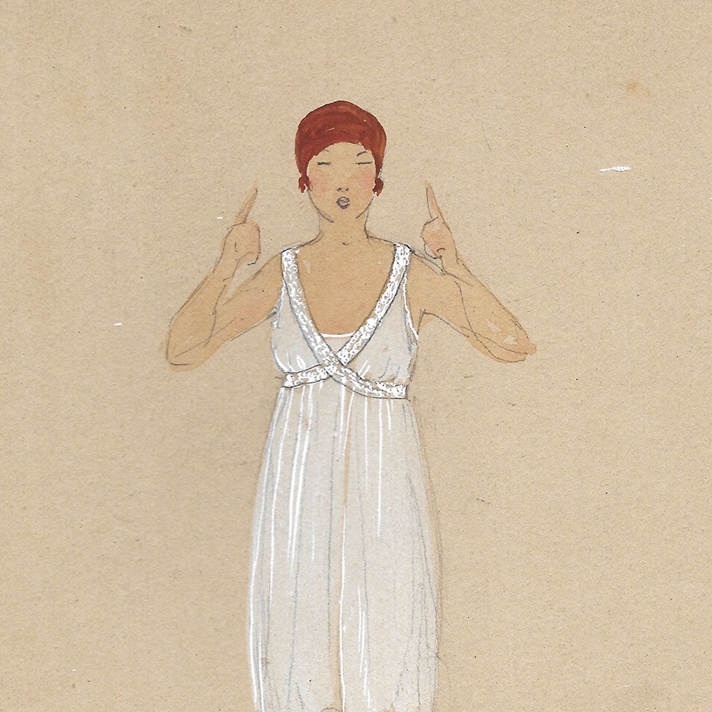 Elégante en lingerie, dessin de L'hom pour une revue de mode (1910s)