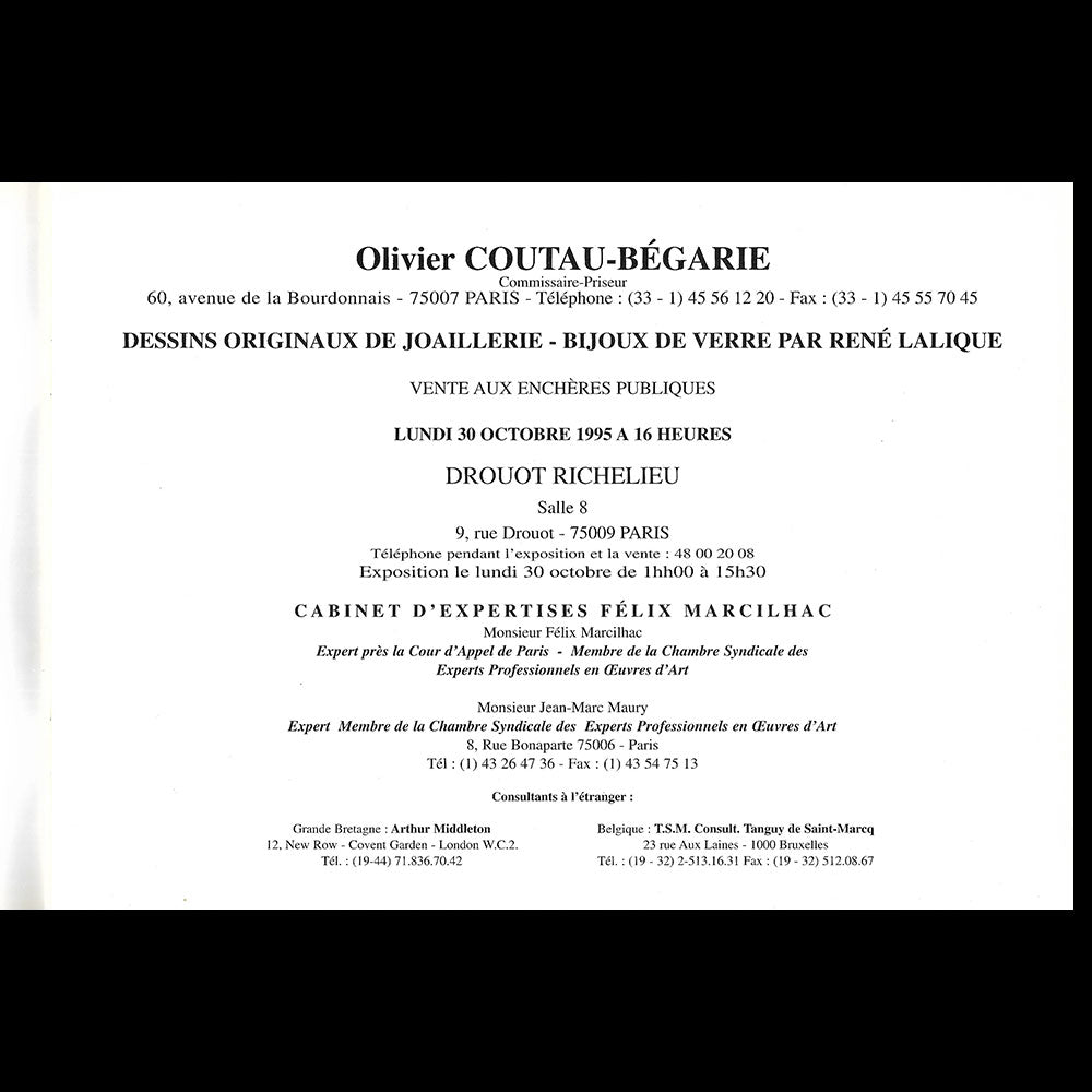 Lalique, dessins originaux de joaillerie, bijoux de verre, catalogue de vente du 30 octobre 1995