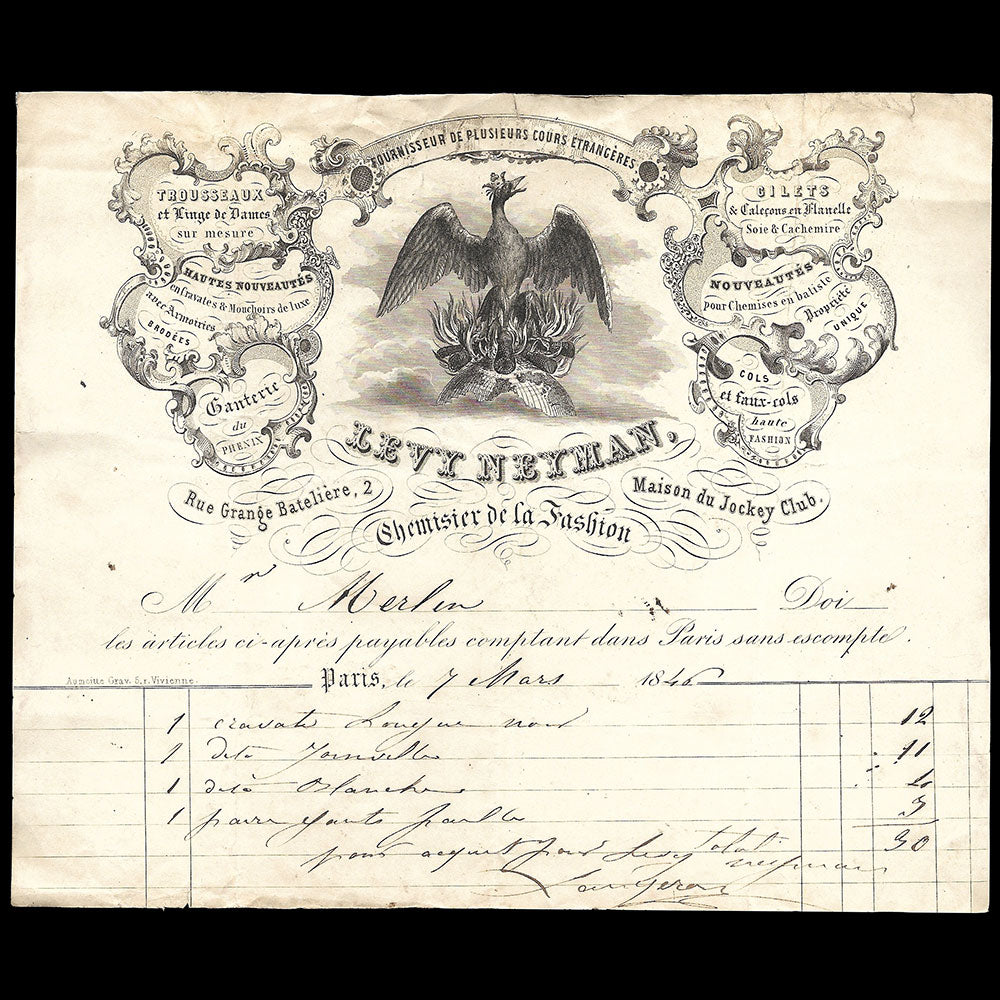 Levy Neyman - Facture du chemisier de la Fashion, 2 rue Grange Batelière à Paris (1846)