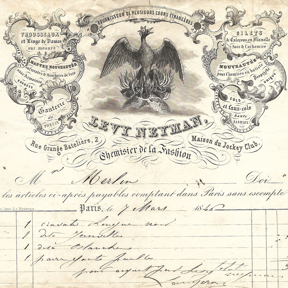 Levy Neyman - Facture du chemisier de la Fashion, 2 rue Grange Batelière à Paris (1846)