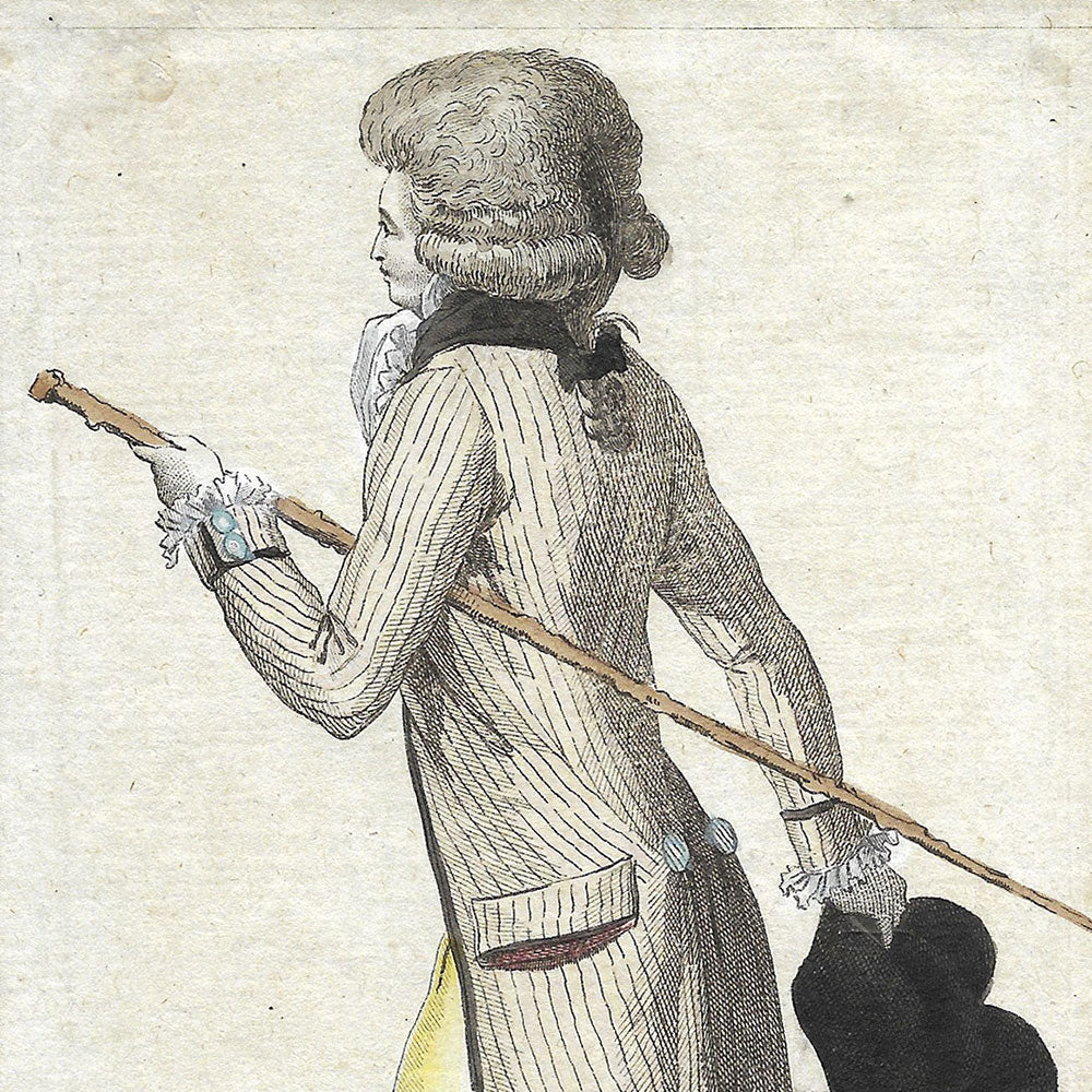 Magasin des Modes Nouvelles Françaises et Anglaises, 24ème cahier, planche 1 - Jeune homme en gilet rayé (1787)