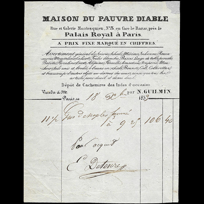 Maison du Pauvre diable - Facture du magasin d'étoffes, Rue et Galerie Montesquieu à Paris (1833)