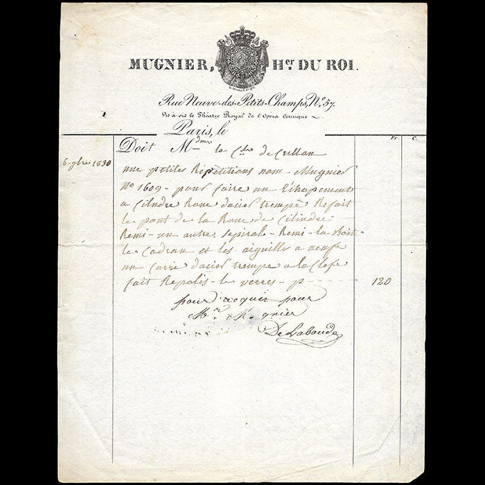 Mugnier - Facture de l'horloger du roi, rue Neuve-des-Petits_champs à Paris (1830)