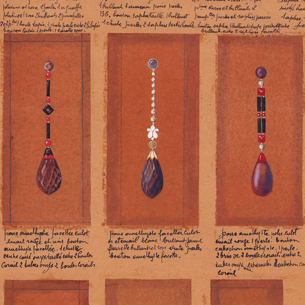 Pendants d'oreilles - Réunion de 19 dessins gouachés d'un joaillier (circa 1925-1930)