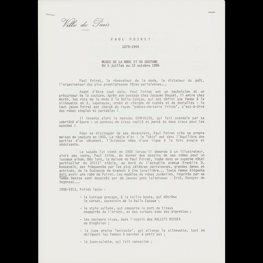 Paul Poiret et Nicole Groult, maîtres de la mode Art Déco, dossier de presse (1986)
