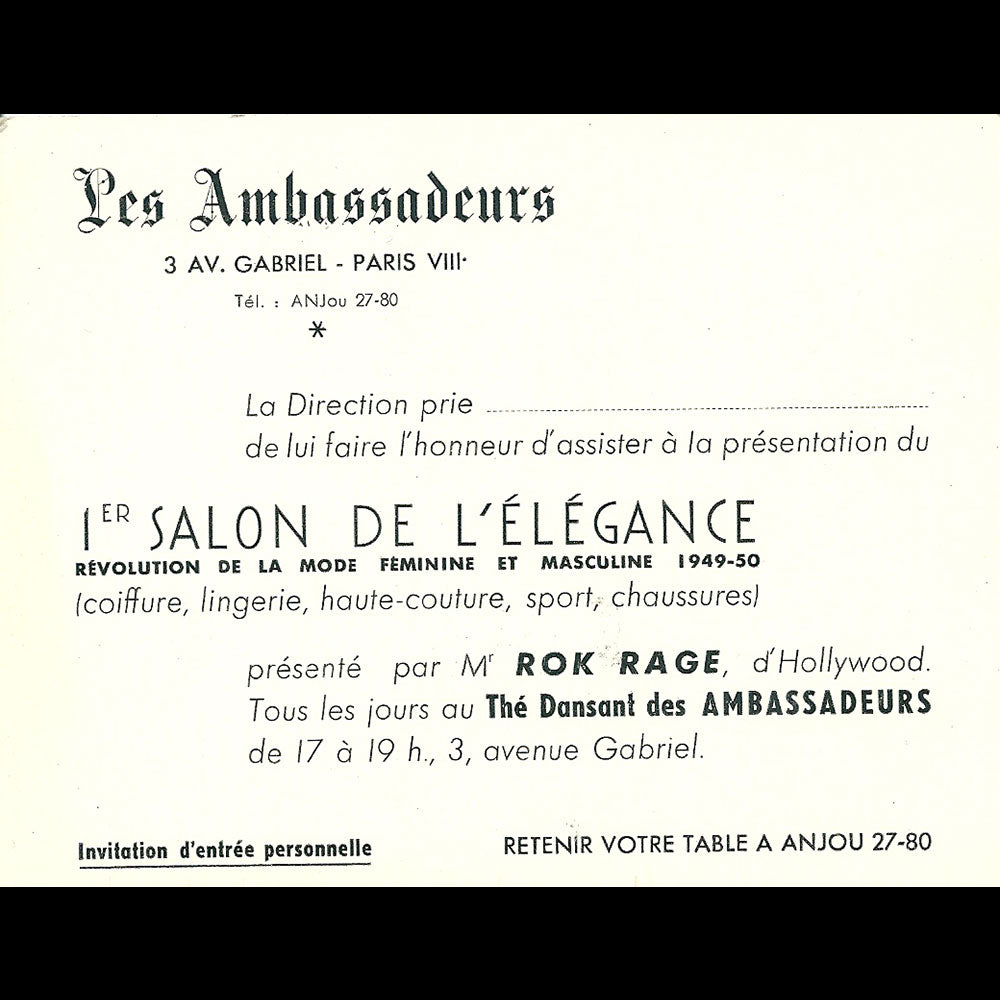 Invitation au 1er Salon de l'Elégance, au Thé Dansant des Ambassadeurs, Paris (1949)