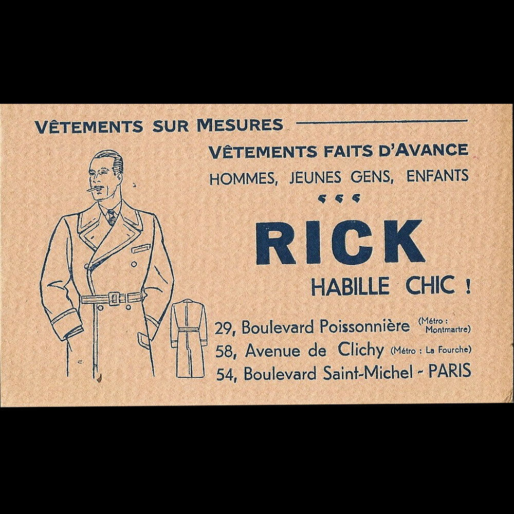 Rick habille chic - Document publicitaire du magasin de vêtements, 29 boulevard Poissonnière à Paris (circa 1930-1940s)