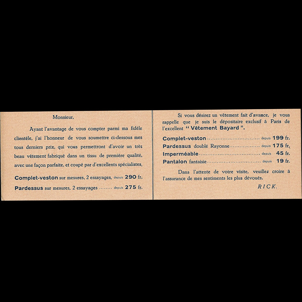 Rick habille chic - Document publicitaire du magasin de vêtements, 29 boulevard Poissonnière à Paris (circa 1930-1940s)