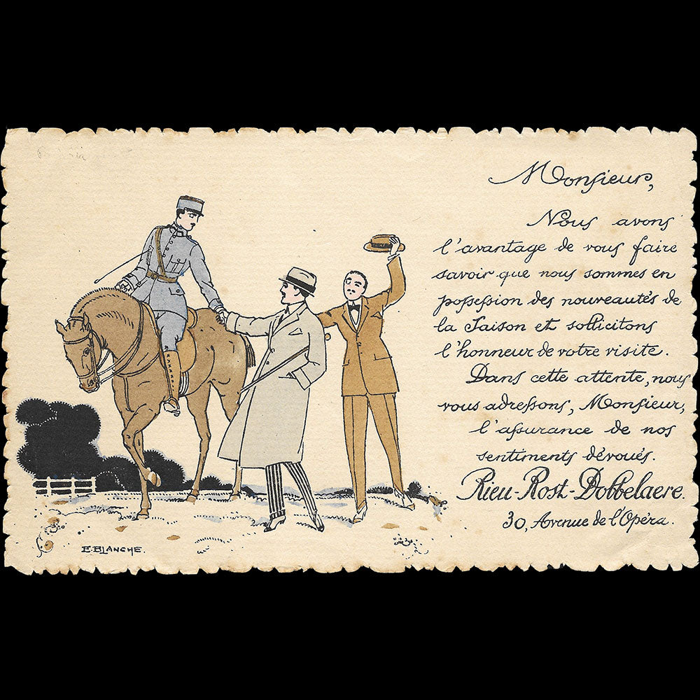 Rieu Rost Dobbelaere - Carte illustrée du tailleur, 30 avenue de l'Opéra à Paris (circa 1910s-1915)