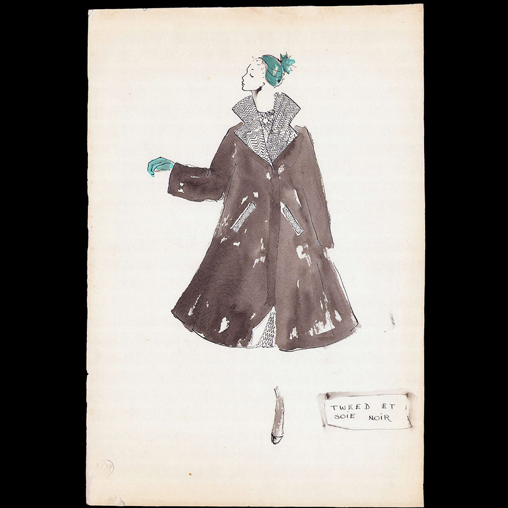 Serge Matta - Dessin de manteau en tweed et soie noire pour Schiaparelli (1950-1954)