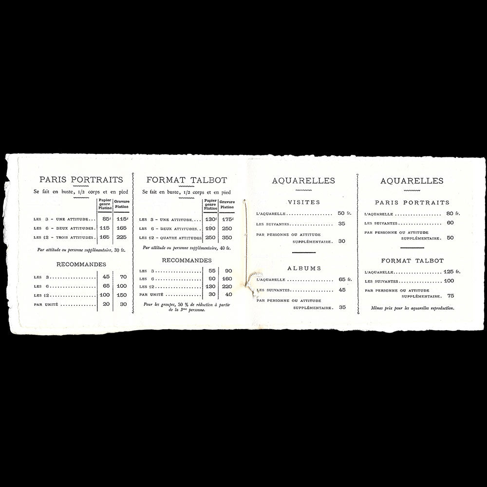 Studio Talbot - Tarifs du studio photographique, 25 rue Royale à Paris (circa 1910)