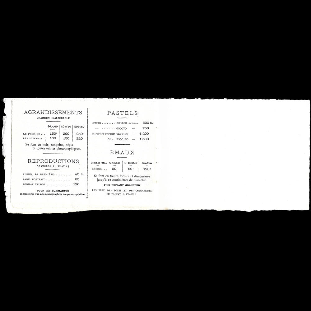 Studio Talbot - Tarifs du studio photographique, 25 rue Royale à Paris (circa 1910)