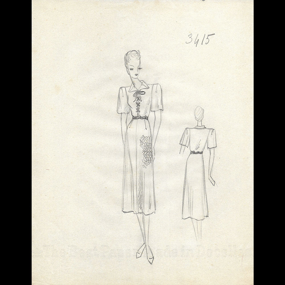 Vionnet - Dessin d'une robe par Blanche Aubert pour l'été 1939