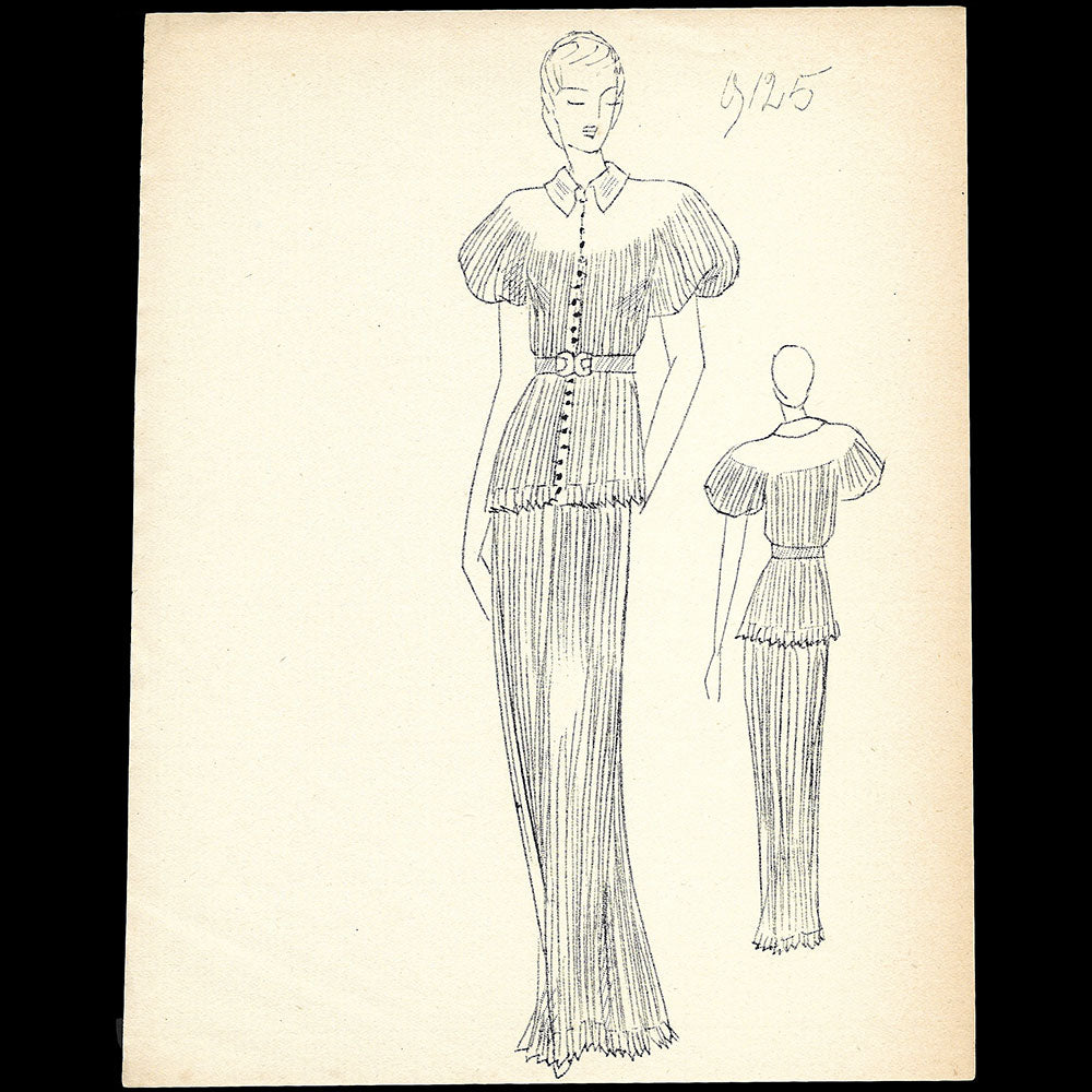 Vionnet - Ronéotype d'un dessin d'un tailleur de satin pour l'été 1938