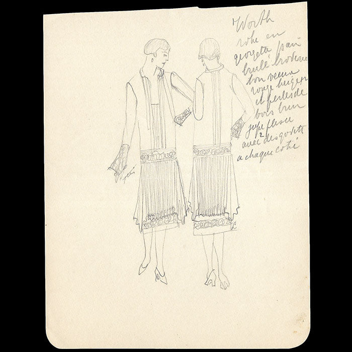 Worth - Ensemble de dix dessins de robes et manteaux (1920s)