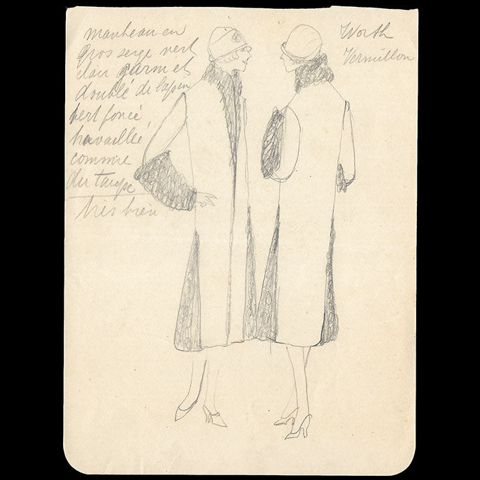 Worth - Ensemble de dix dessins de robes et manteaux (1920s)