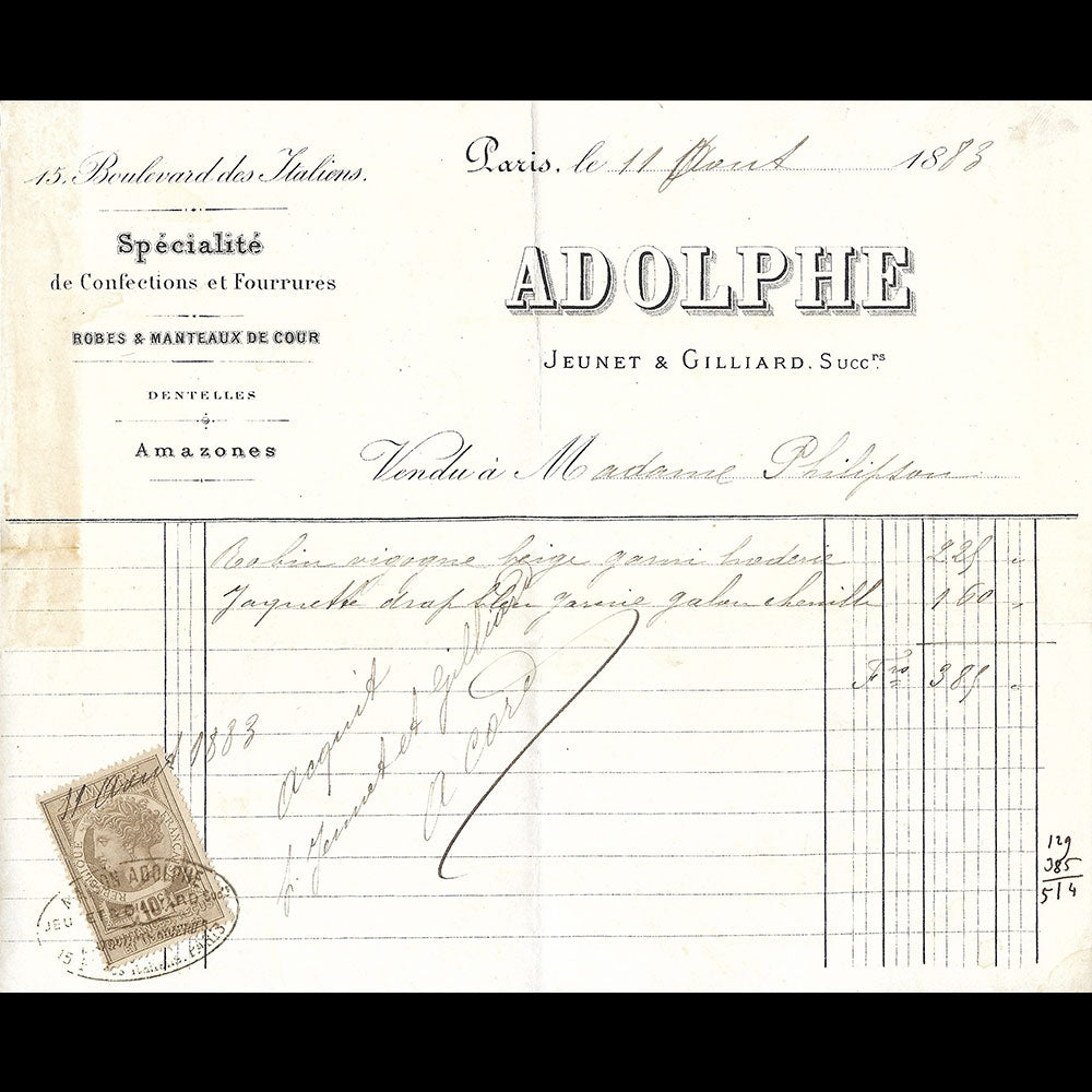 Adolphe - Facture du magasin Jeunet & Gilliard , 15 boulevard des Italiens à Paris (1883)