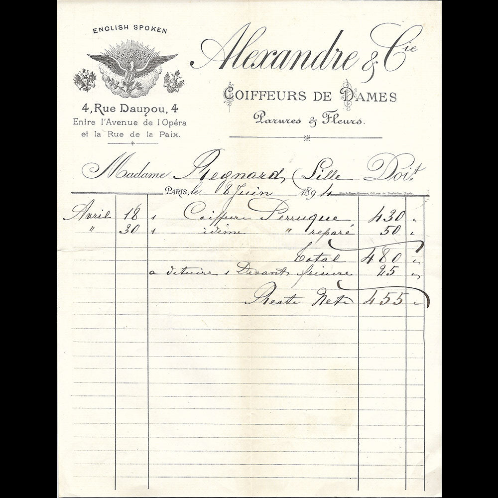 Alexandre & Cie - Facture des coiffeurs, 4 rue Daunou à Paris (1894)