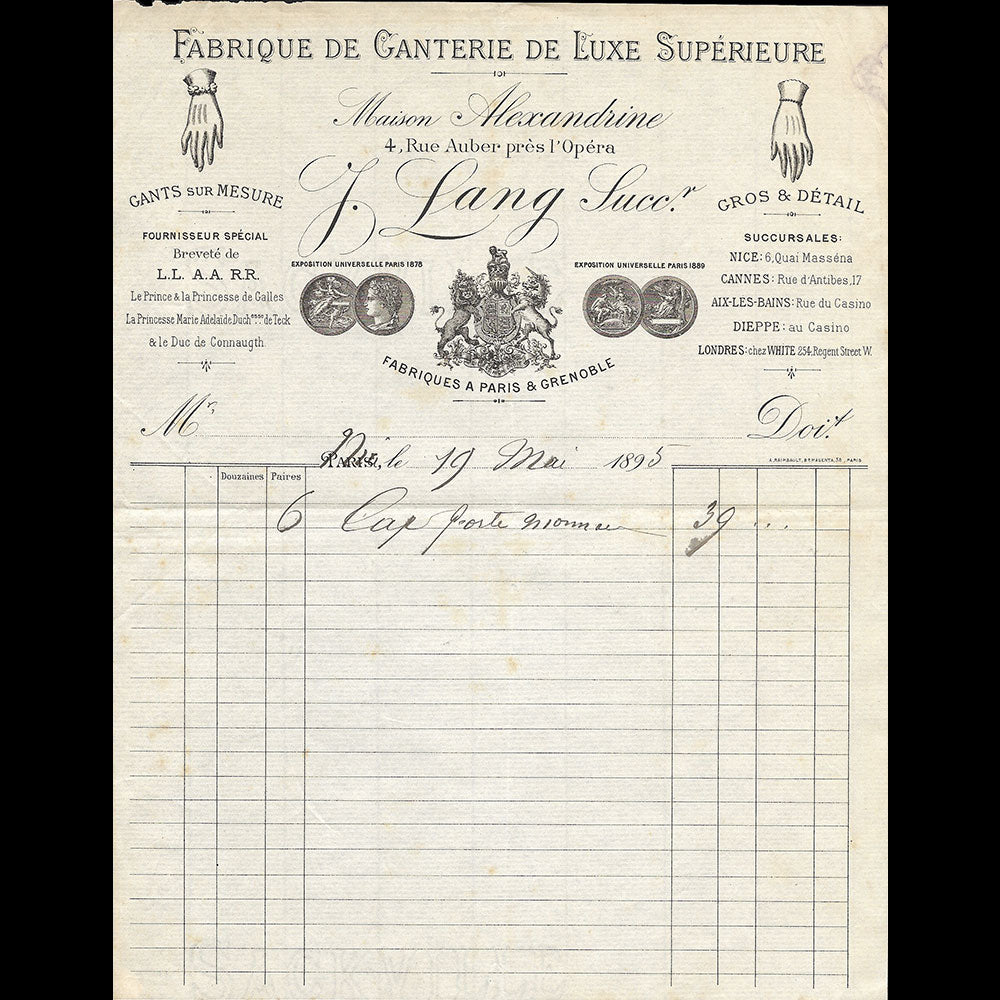 Lang - Facture de la fabrique de gants de peaux, Maison Alexandrine, 4 rue Auber à Paris (1895)