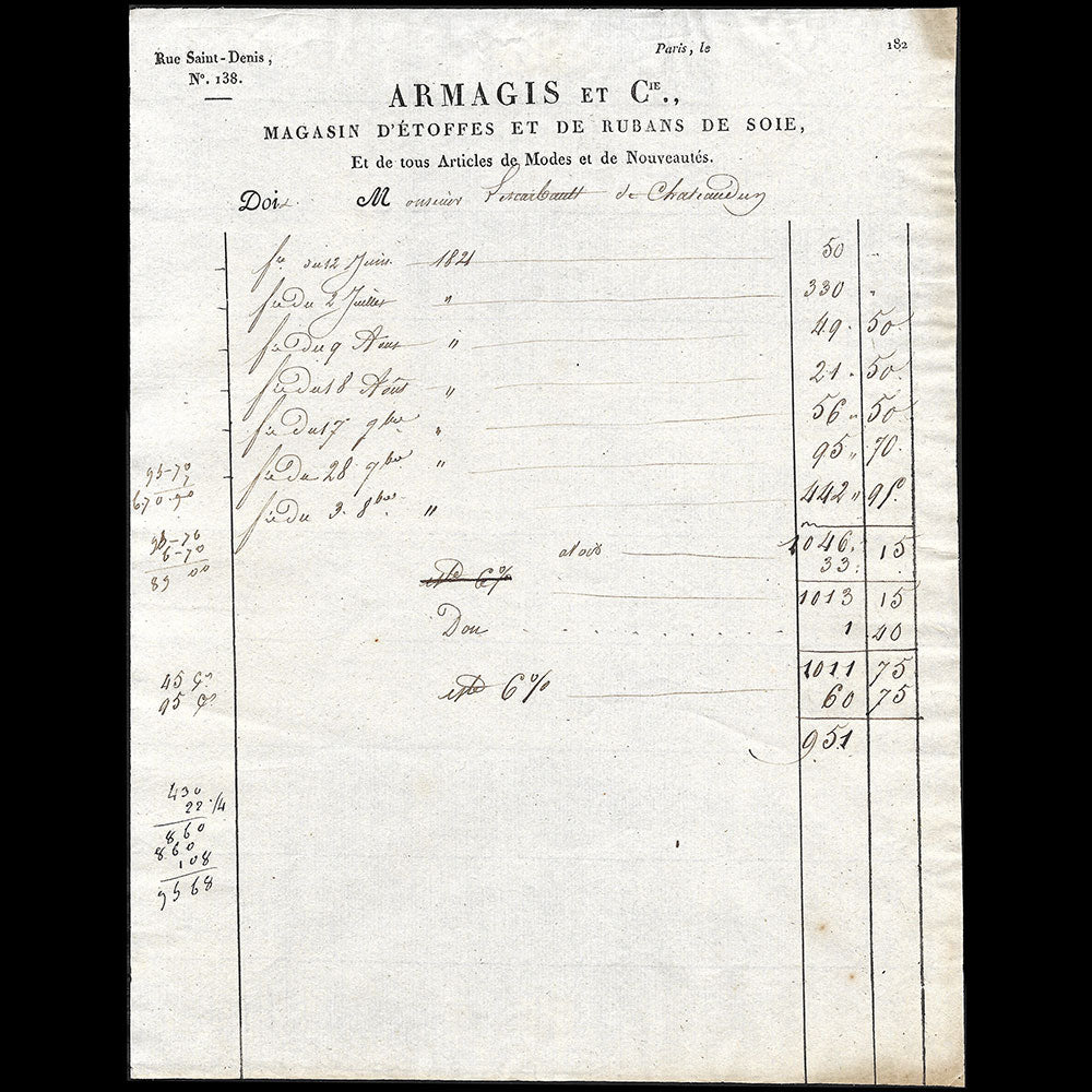 Armagis et Cie - Facture du magasin d'étoffes et de rubans de soie, 138 rue Saint-Denis à Paris (1821)