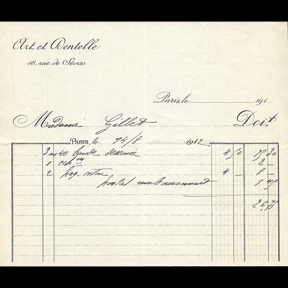 Art et Dentelle - Facture du magasin, 16 rue de Sevres à Paris (1912)