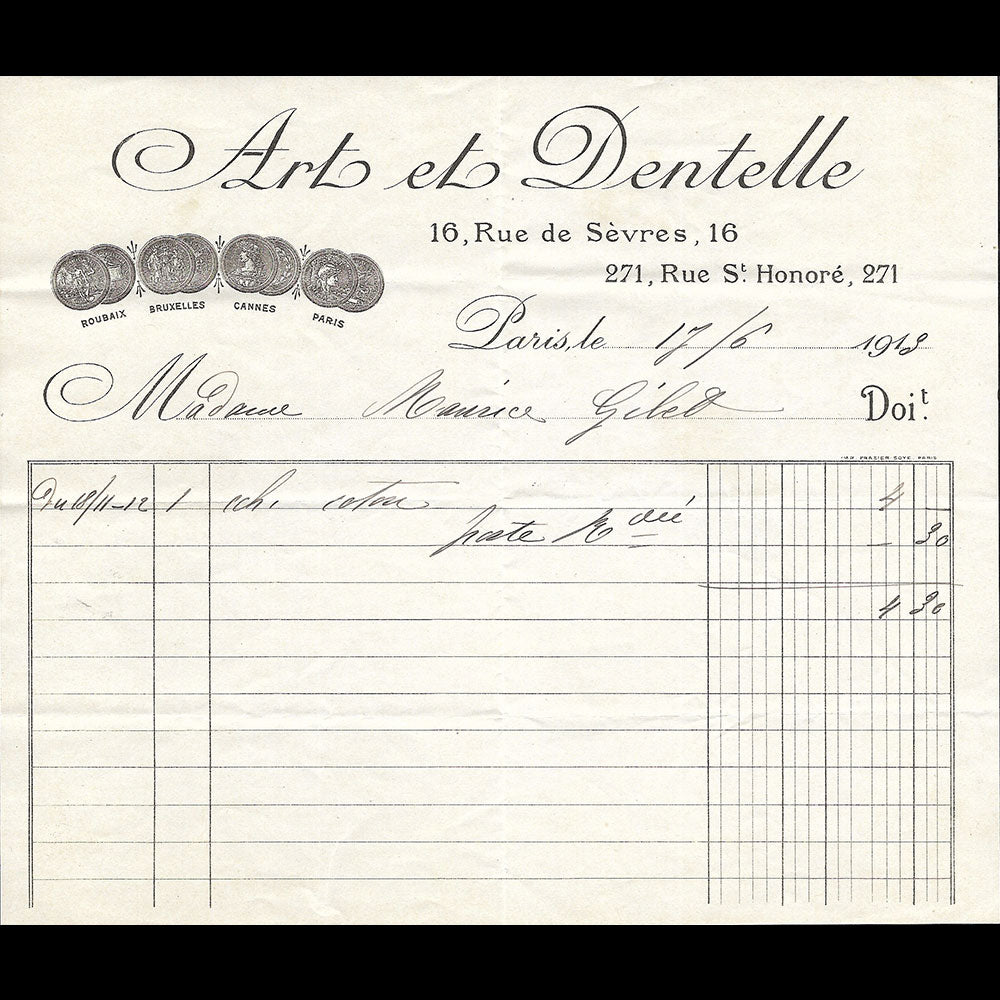 Art et Dentelle - Facture du magasin, 16 rue de Sevres à Paris (1913)