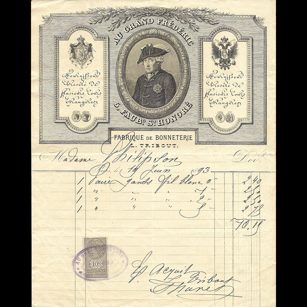 Au Grand Frédéric - Facture de la maison de bonneterie, 5 Faubourg Saint-Honoré à Paris (1893)