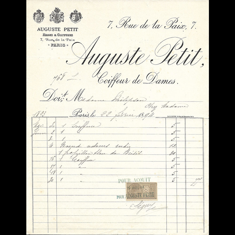 Auguste Petit - Facture du coiffeur, 7 rue de la Paix à Paris (1894)
