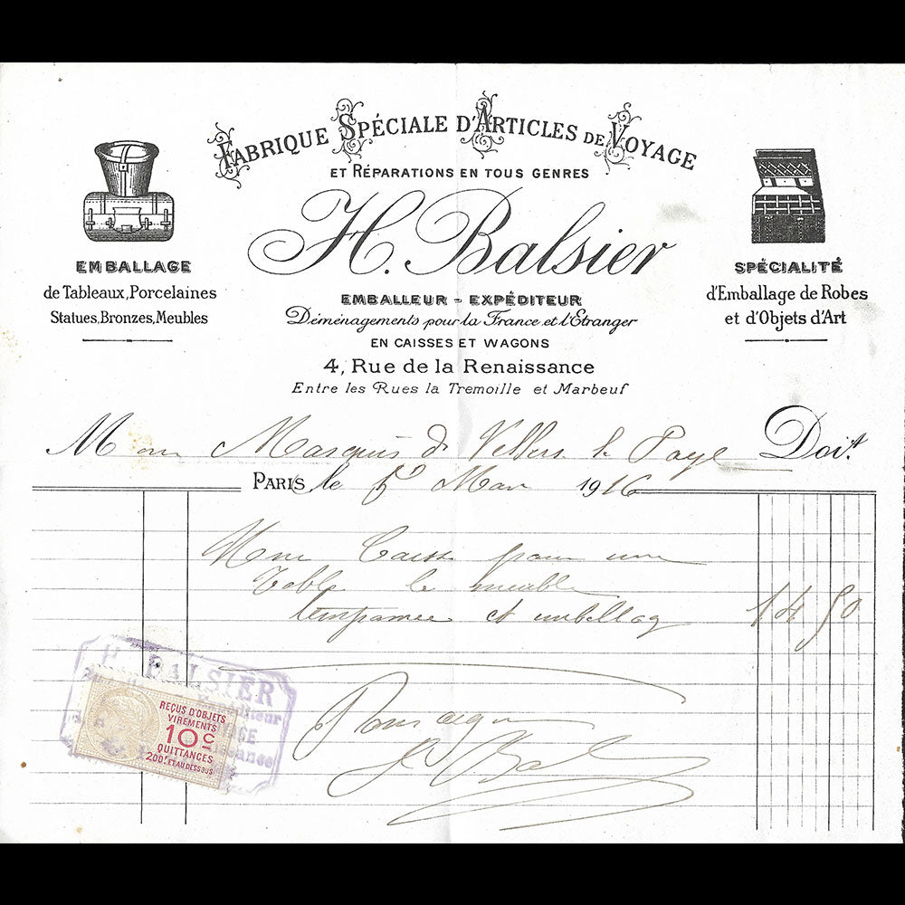 Balsier - Facture du fabricant d'articles de voyage, 4 rue de la Renaissance à Paris (1916)
