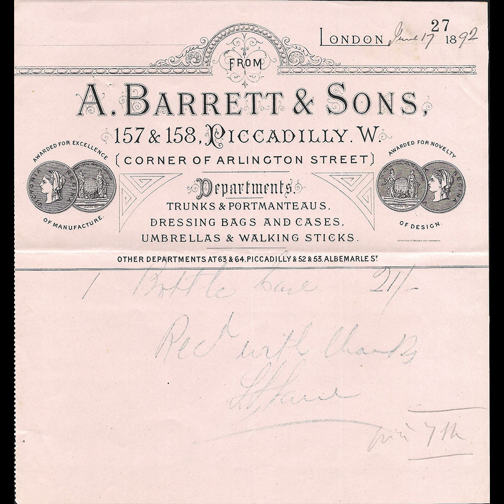 A. Barrett & Sons - Facture de la maison, 157-158 Piccadilly, London (1892)
