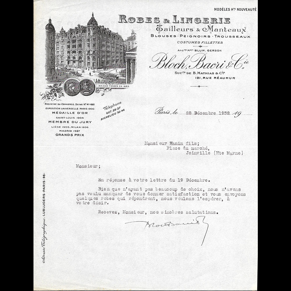 Bloch, Bacri & Cie - Facture de la manufacture de confection, 121 rue Réaumur à Paris (1932)
