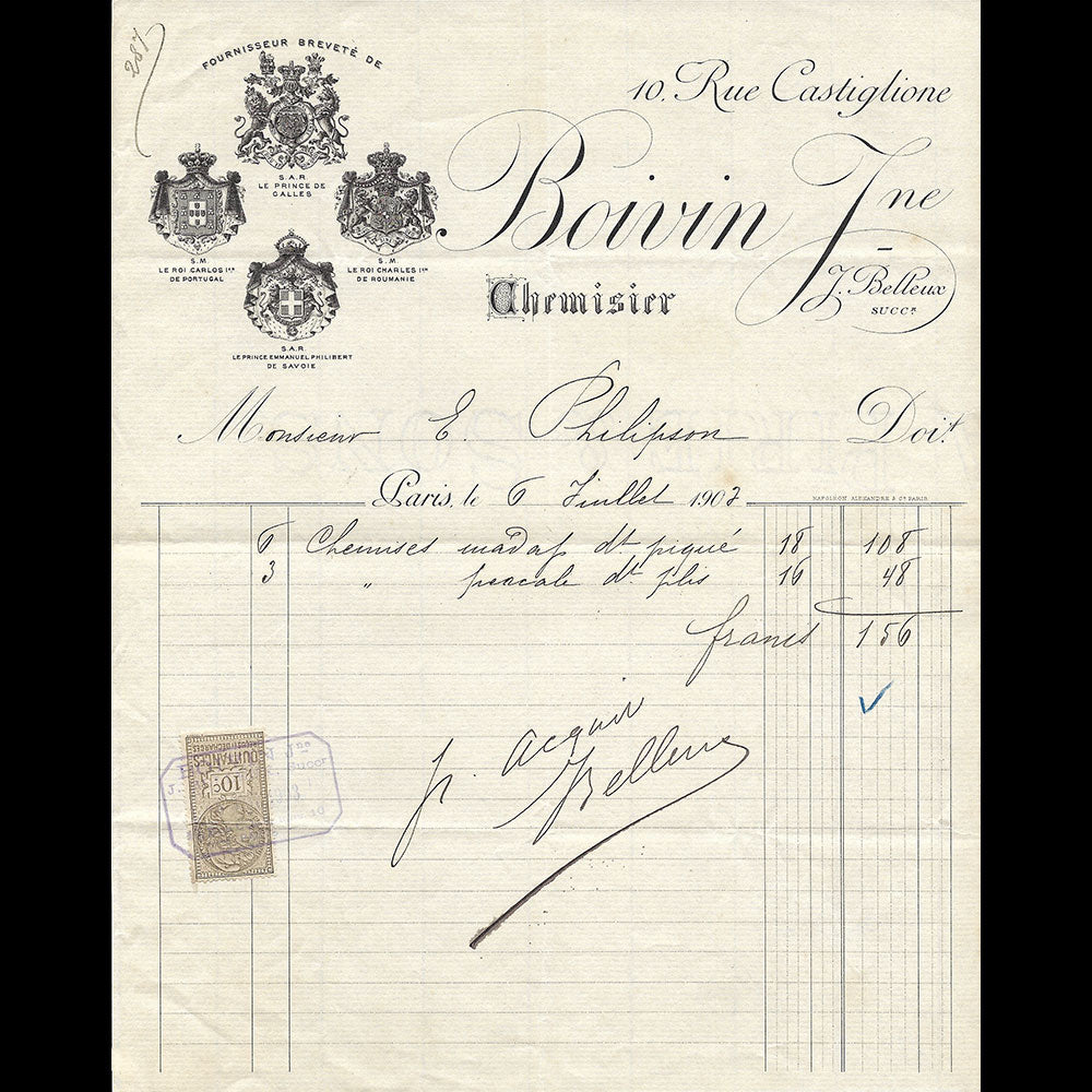 Boivin Jeune - Facture du chemisier, 10 rue Castiglione à Paris (1907)