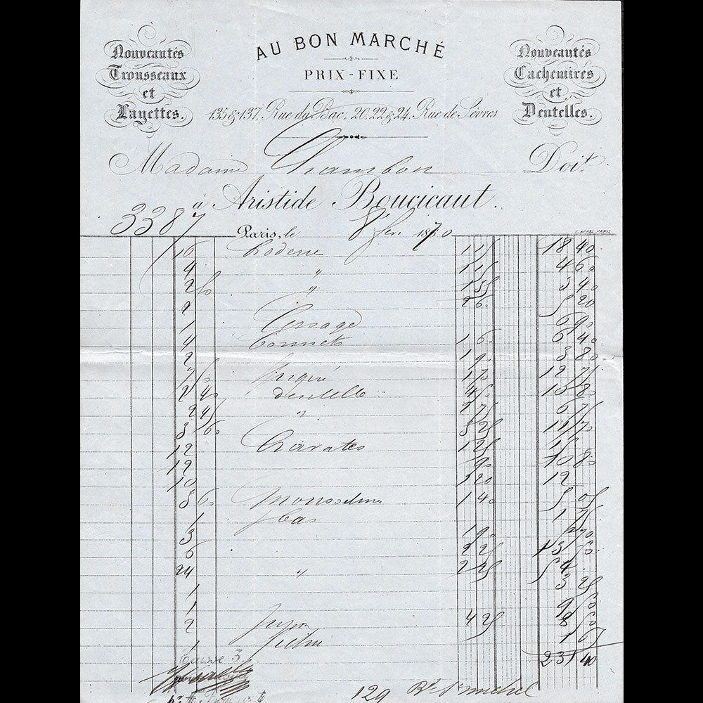 Au Bon Marché - Facture des grands magasins, 135 & 137 rue du Bac à Paris (1870)