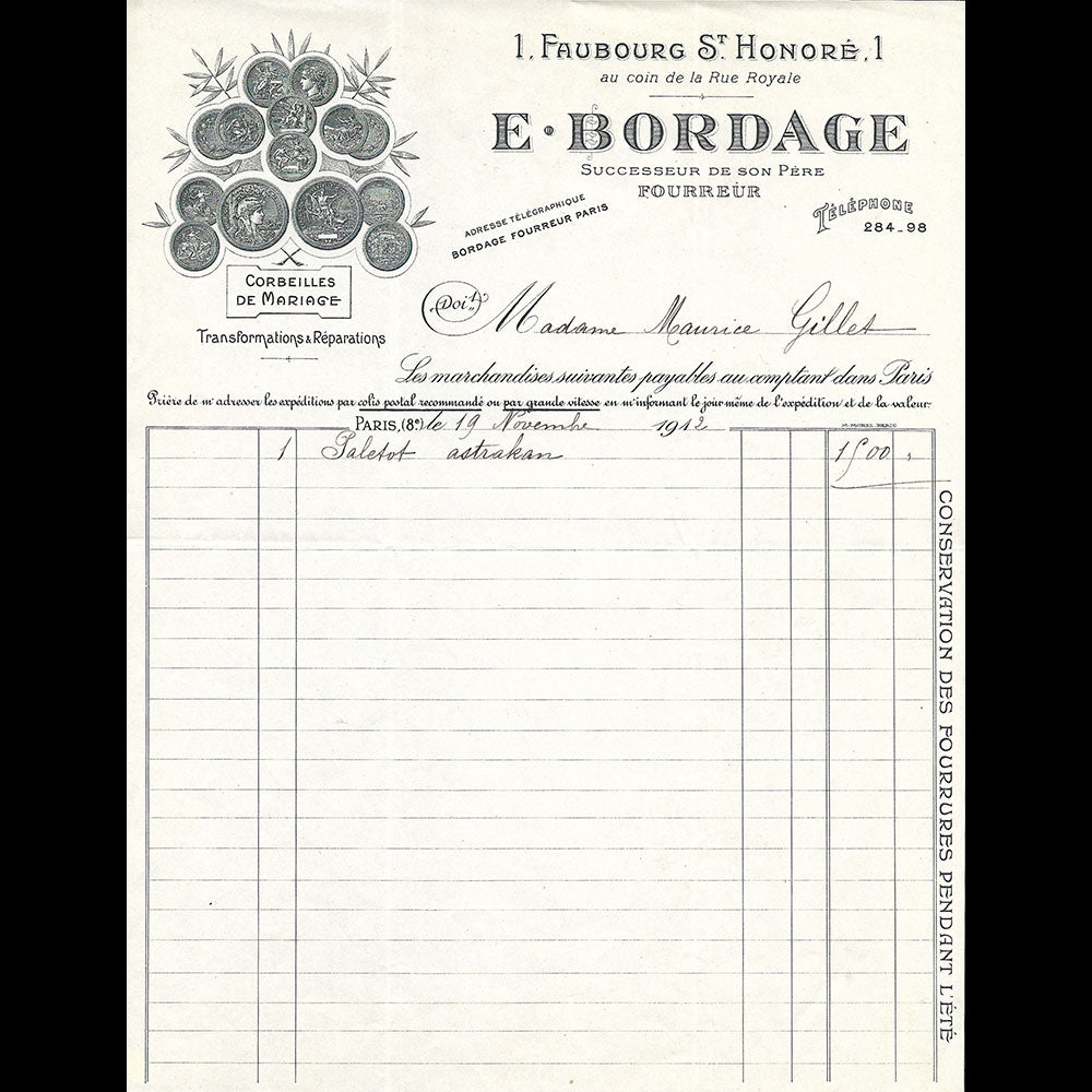 E. Bordage - Facture de la maison de fourrure, 1 Faubourg Saint-Honoré à Paris (1912)