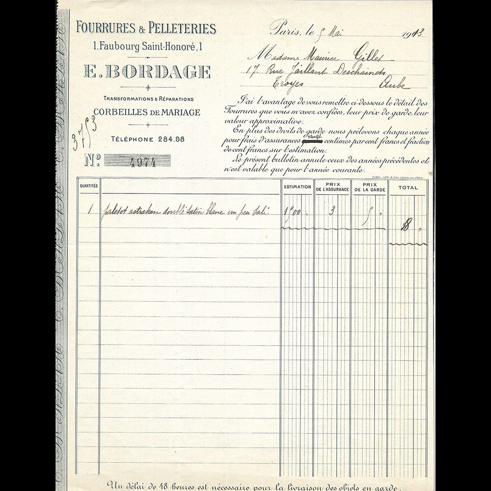 E. Bordage - Facture de la maison de fourrure, 1 Faubourg Saint-Honoré à Paris (1913)