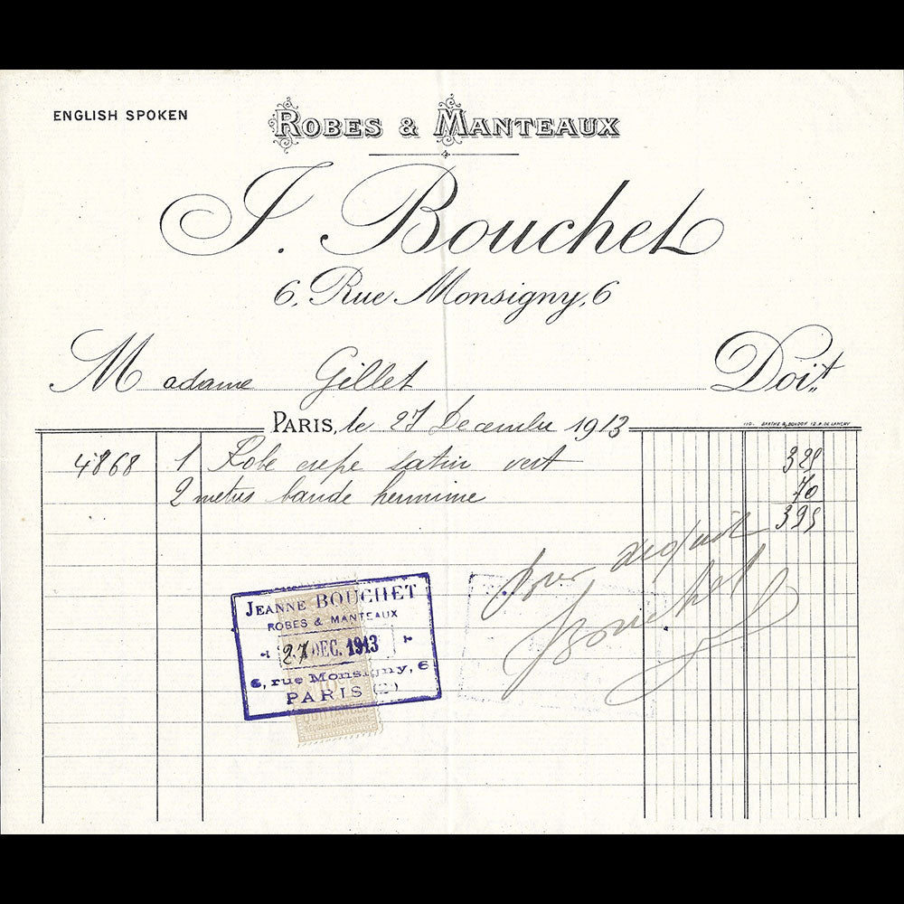 Bouchet - Facture de la maison de couture, 6 rue Monsigny à Paris (1913)
