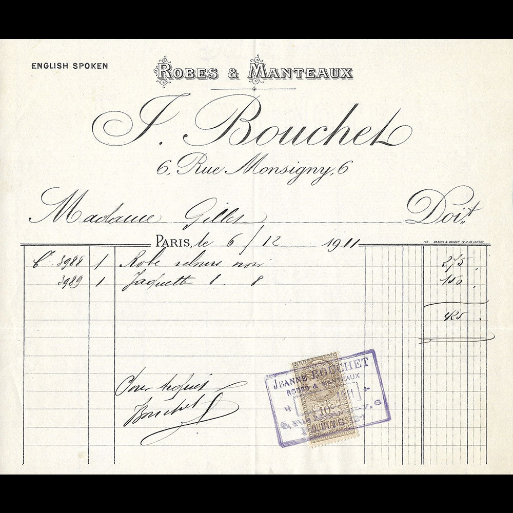 Bouchet - Facture de la maison de couture, 6 rue Monsigny à Paris (1911)